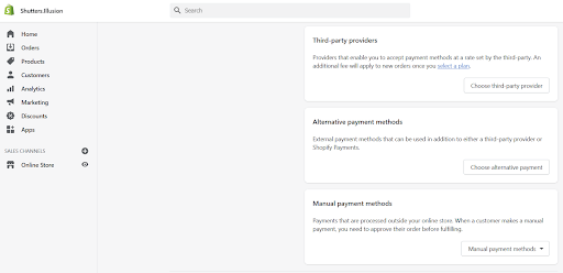 Shopify Payment Settings Screen