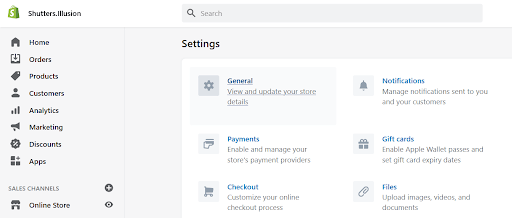 Shopify Settings Screen