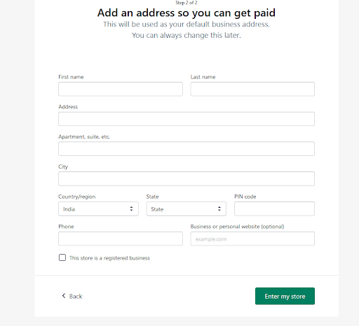 Shopify Setup Screen - Select address